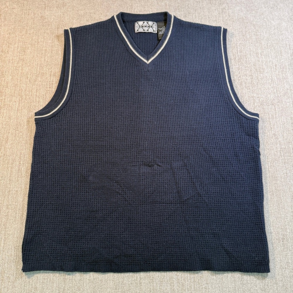 Vintage Stat Mens Waffle Knit Sweater Vest Navy Blue V-Neck Tipped Size Large